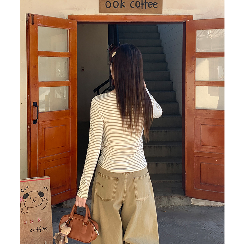 Half zip slim autumn and winter Pseudo-two stripe T-shirt