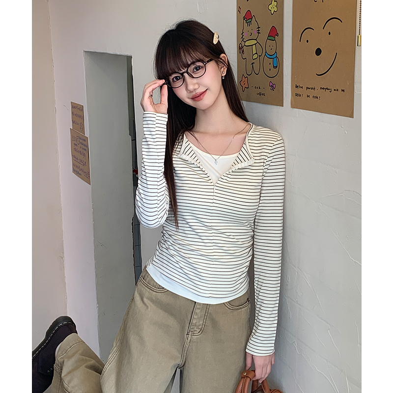 Half zip slim autumn and winter Pseudo-two stripe T-shirt