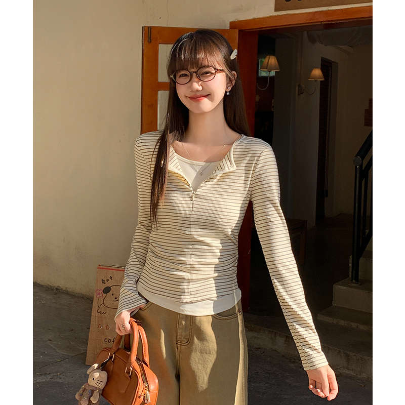 Half zip slim autumn and winter Pseudo-two stripe T-shirt