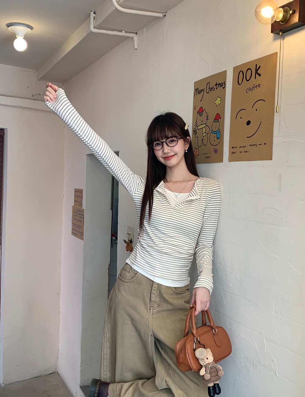 Half zip slim autumn and winter Pseudo-two stripe T-shirt