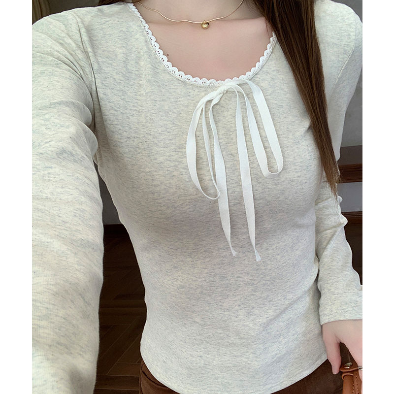 Plus velvet lace bow inside the ride bottoming shirt for women