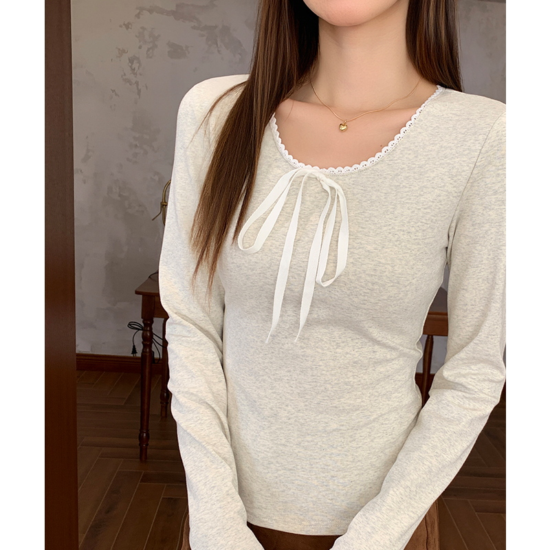 Plus velvet lace bow inside the ride bottoming shirt for women