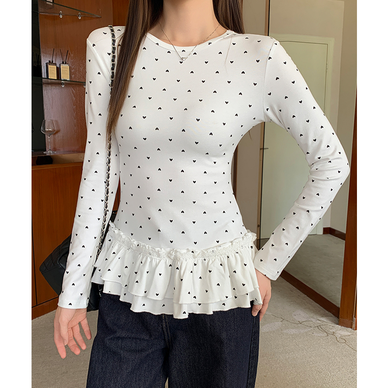 Slim inside the ride bottoming shirt white heart tops