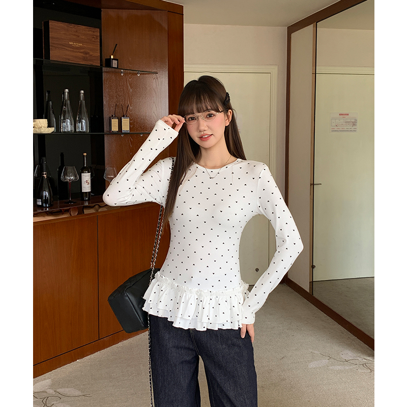 Slim inside the ride bottoming shirt white heart tops