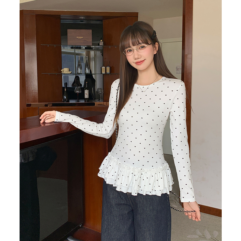 Slim inside the ride bottoming shirt white heart tops