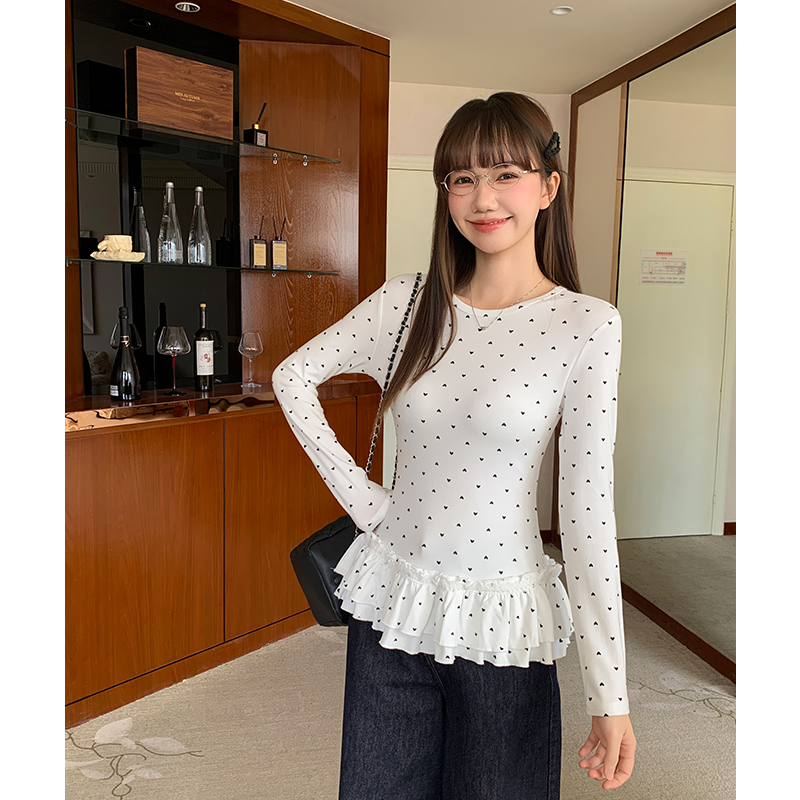 Slim inside the ride bottoming shirt white heart tops