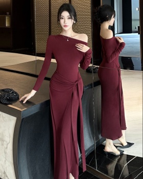 Bandage spicegirl long dress temperament oblique collar dress