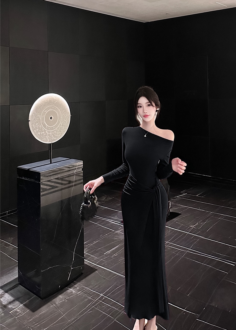 Bandage spicegirl long dress temperament oblique collar dress