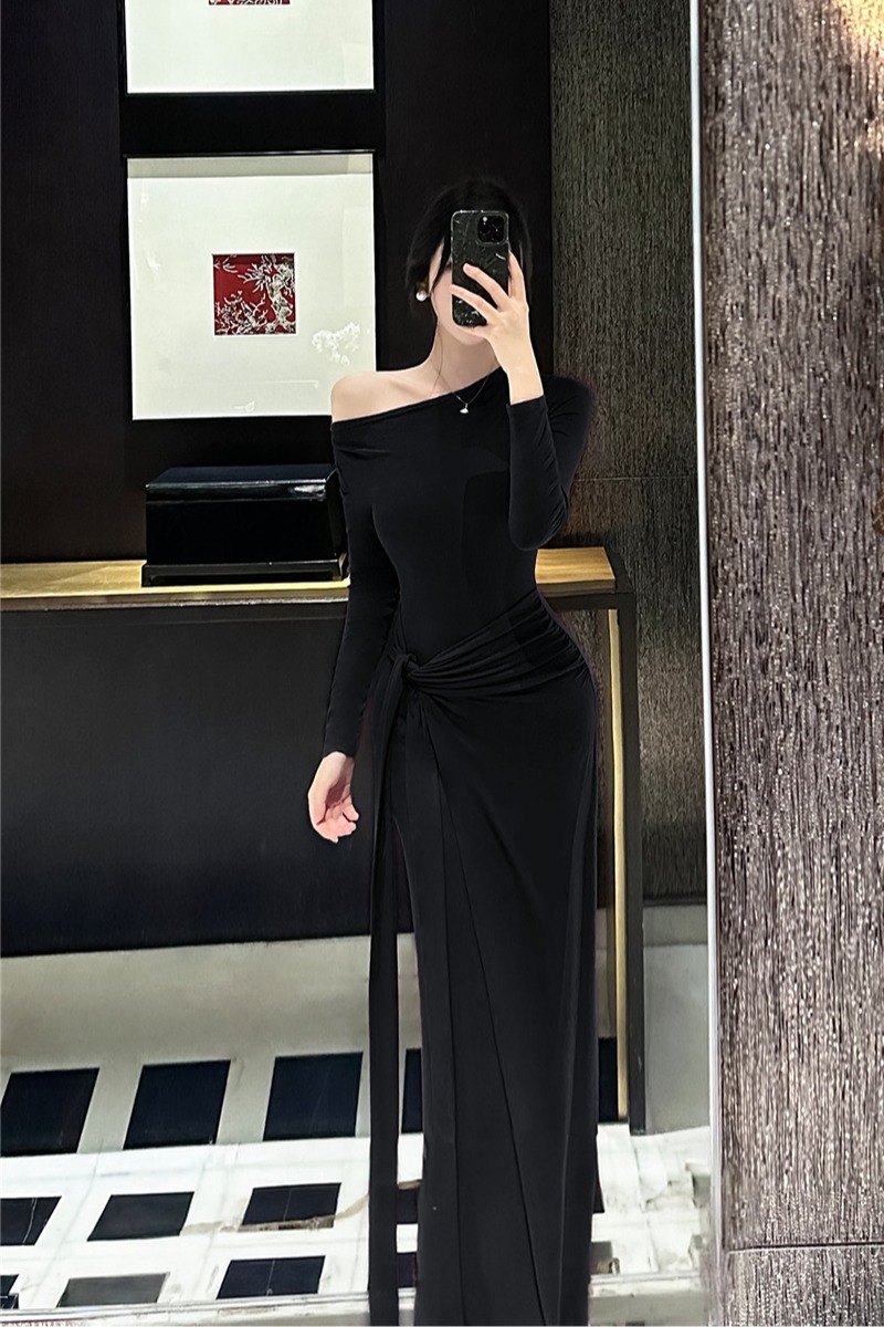 Bandage spicegirl long dress temperament oblique collar dress