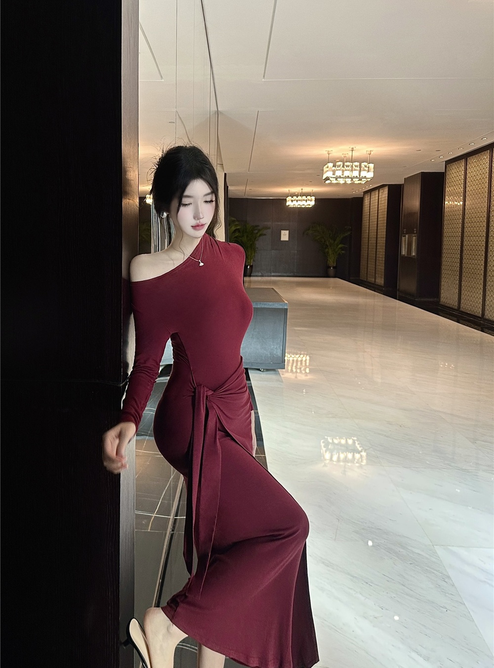 Bandage spicegirl long dress temperament oblique collar dress