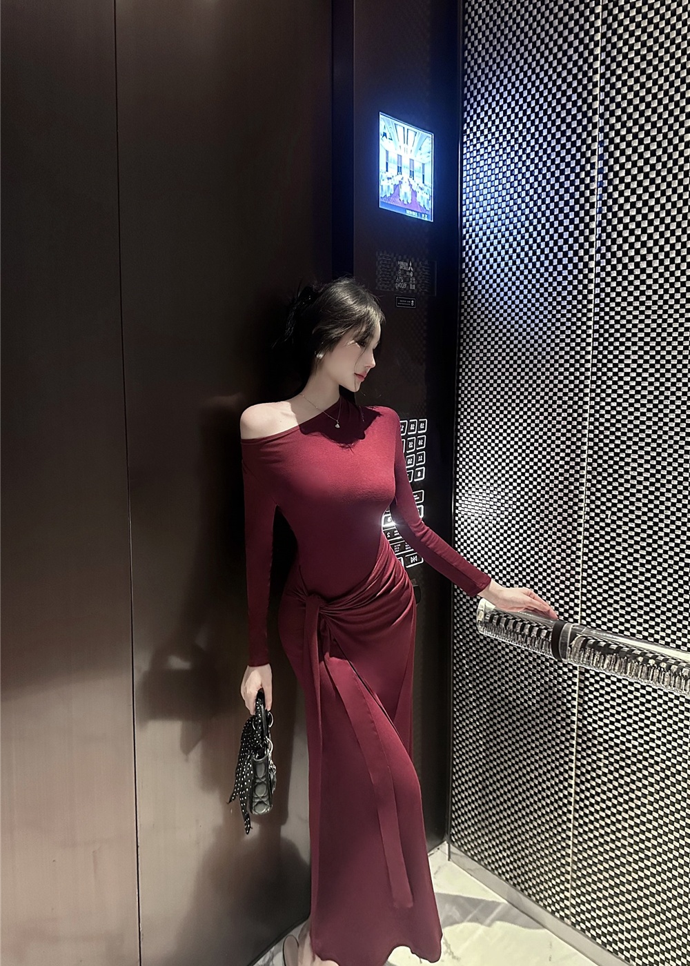 Bandage spicegirl long dress temperament oblique collar dress