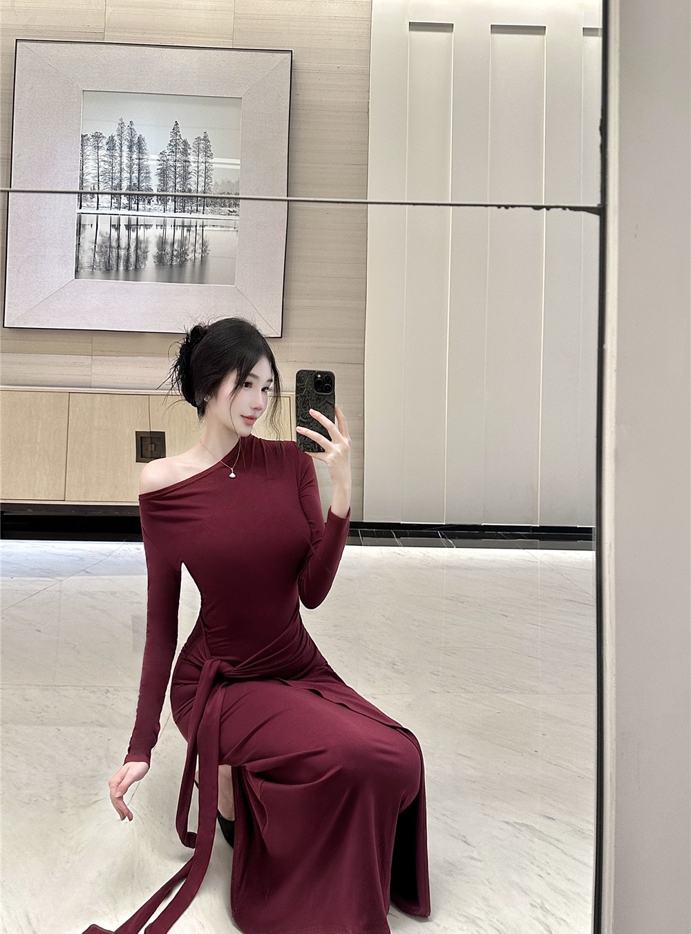 Bandage spicegirl long dress temperament oblique collar dress