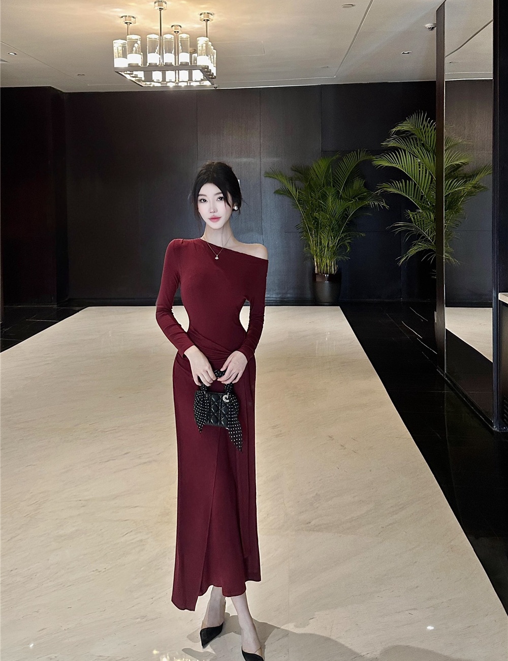 Bandage spicegirl long dress temperament oblique collar dress