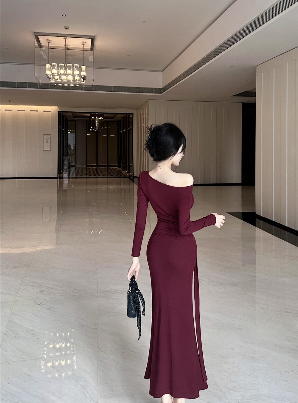 Bandage spicegirl long dress temperament oblique collar dress