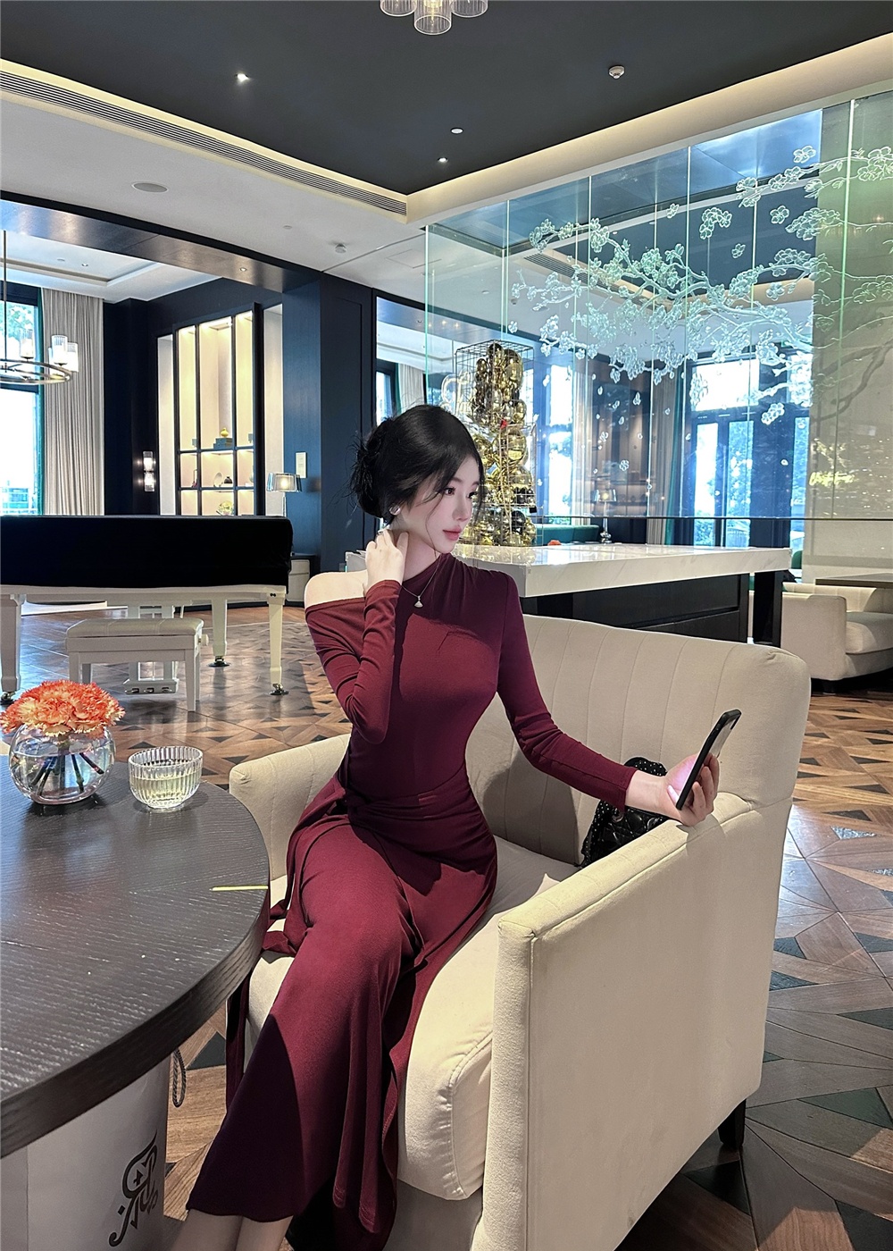 Bandage spicegirl long dress temperament oblique collar dress