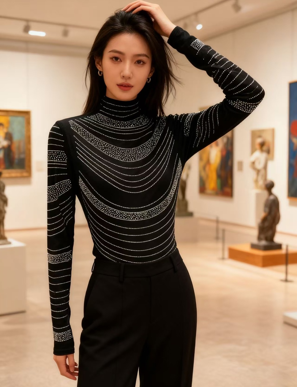 Fully-jewelled all-match tops long sleeve fashion T-shirt