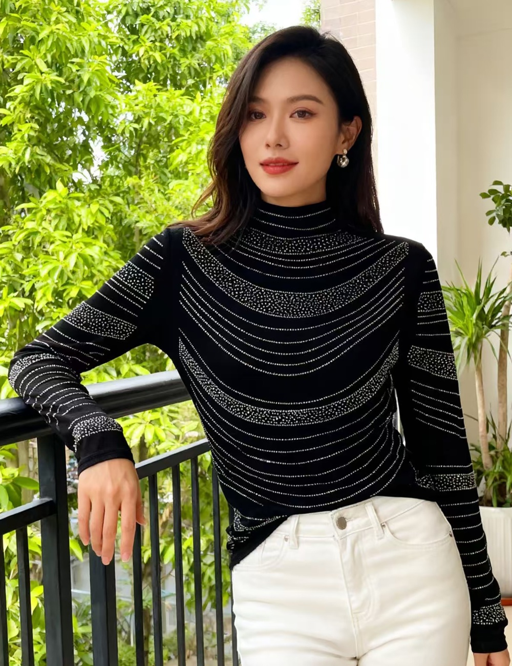 Fully-jewelled all-match tops long sleeve fashion T-shirt