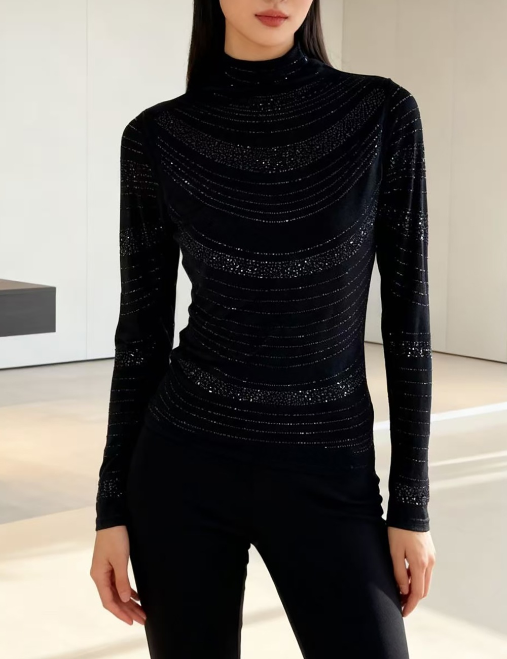 Fully-jewelled all-match tops long sleeve fashion T-shirt