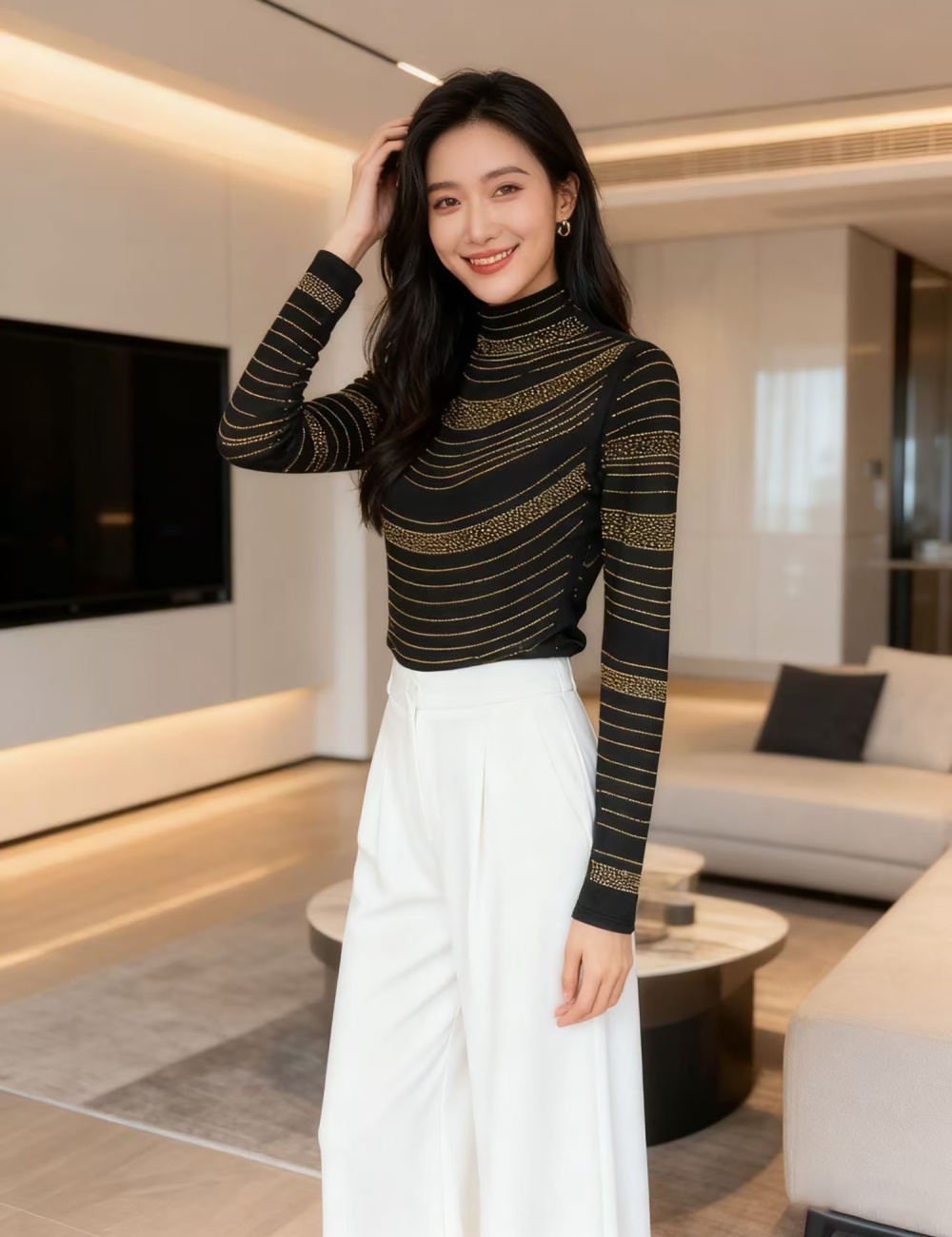 Fully-jewelled all-match tops long sleeve fashion T-shirt