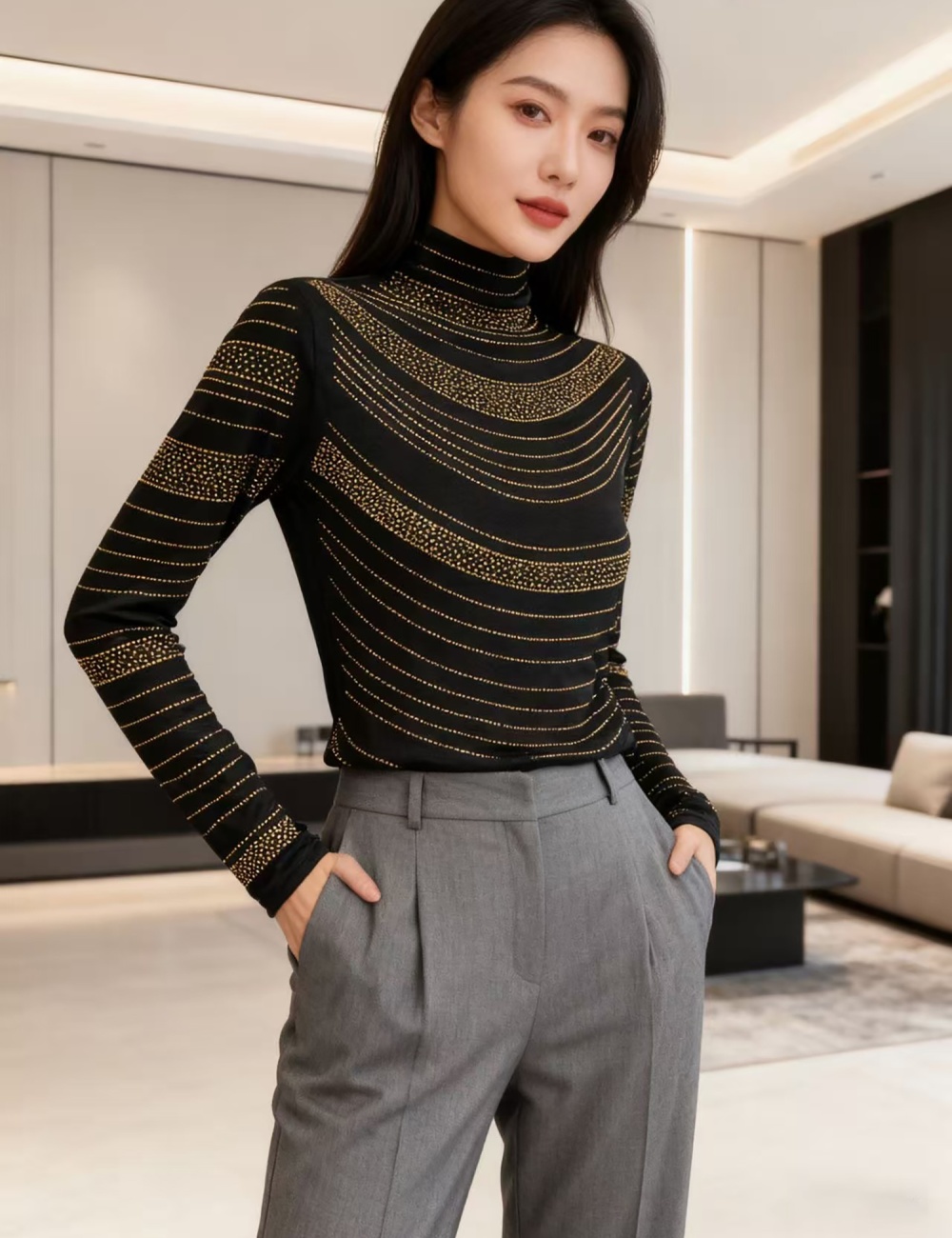 Fully-jewelled all-match tops long sleeve fashion T-shirt