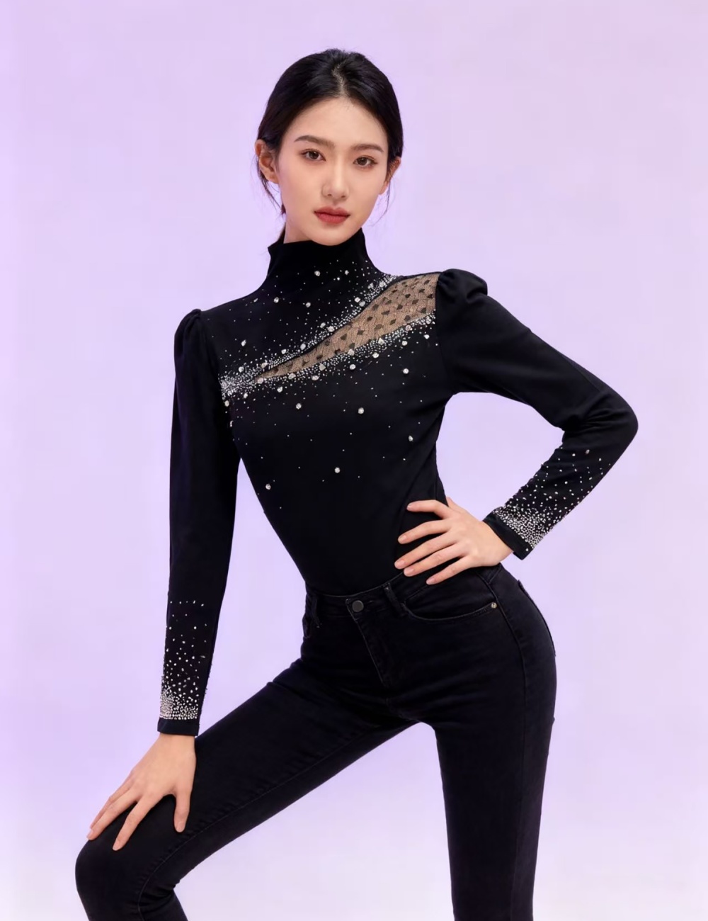 Long sleeve sueding rhinestone small shirt for women