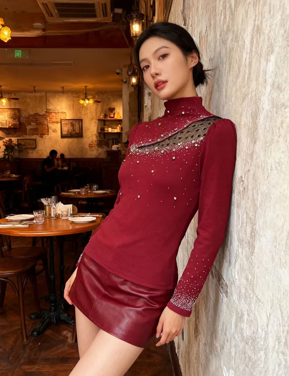 Long sleeve sueding rhinestone small shirt for women