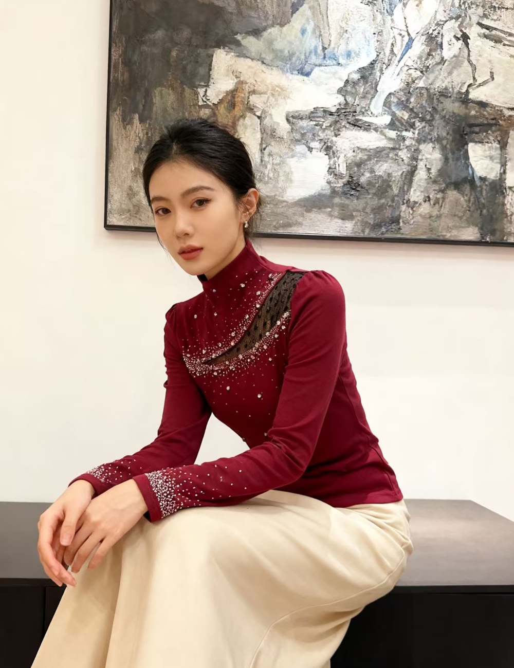 Long sleeve sueding rhinestone small shirt for women