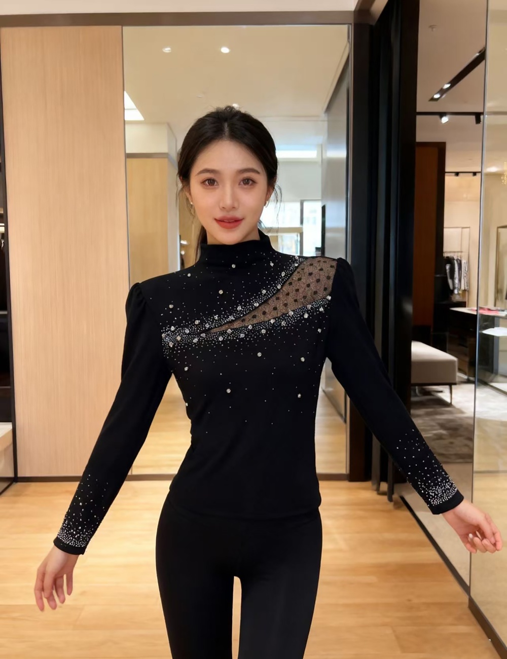 Unique rhinestone slim small shirt spring fashion T-shirt for women