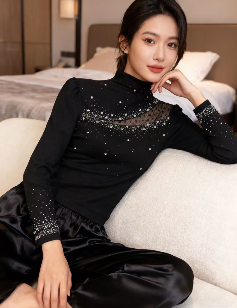 Unique rhinestone slim small shirt spring fashion T-shirt for women