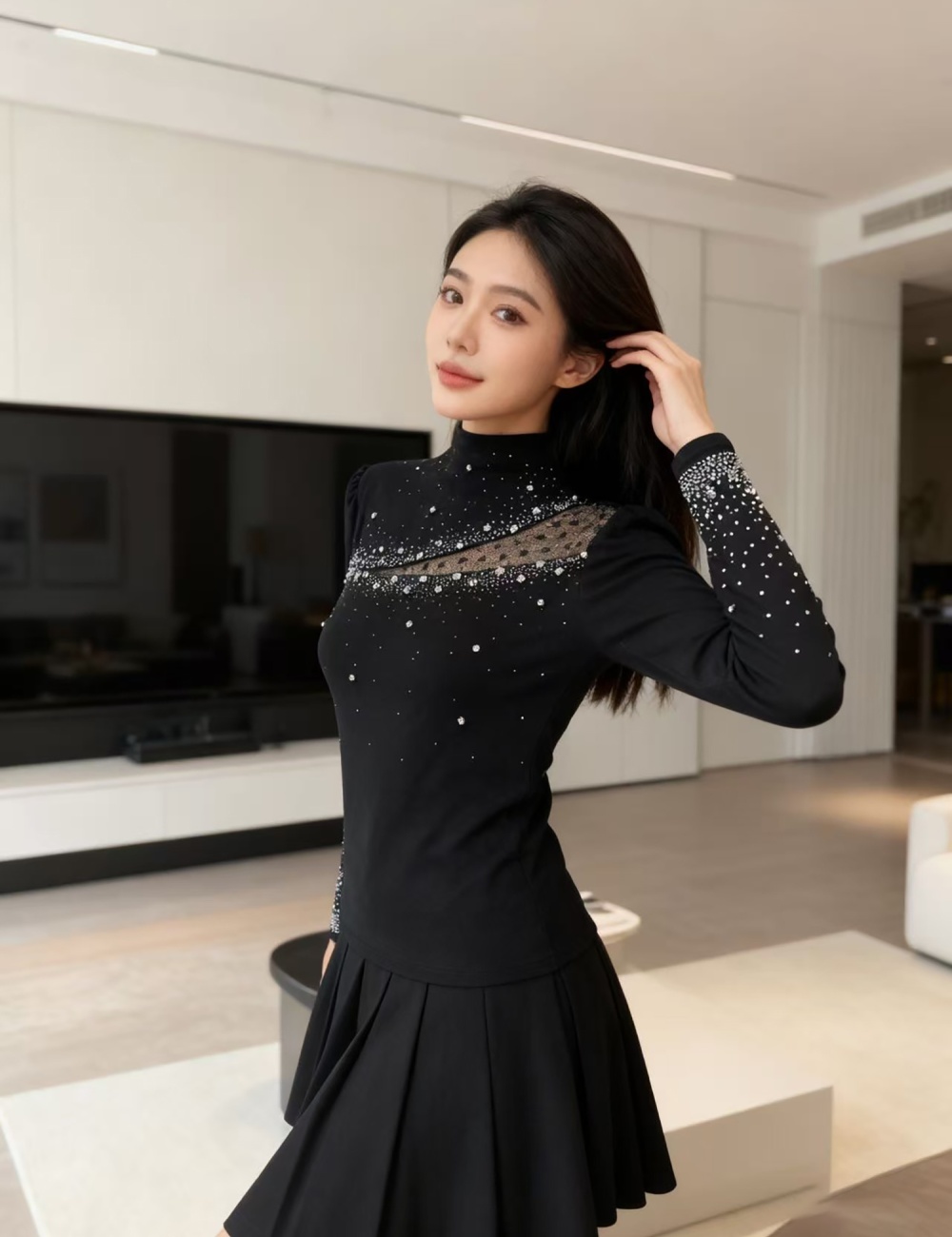 Unique rhinestone slim small shirt spring fashion T-shirt for women