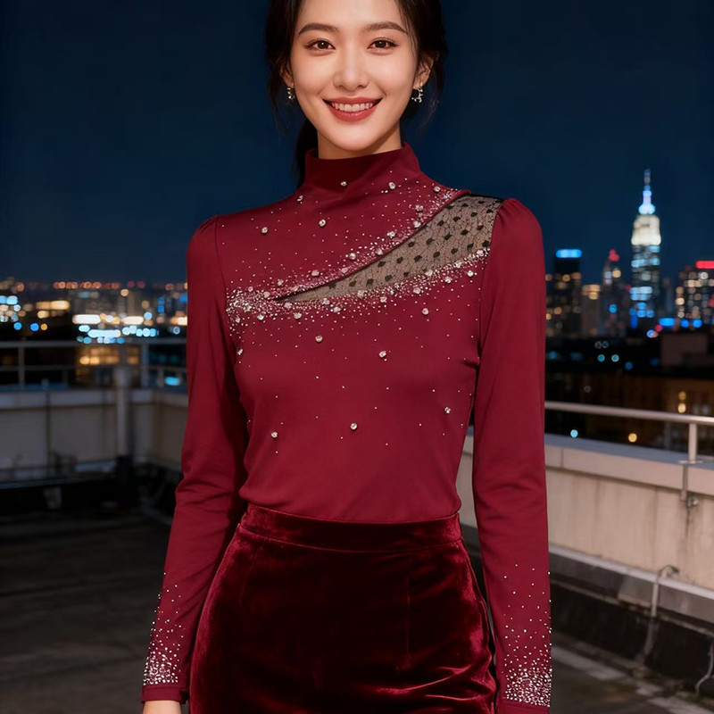 Unique rhinestone slim small shirt spring fashion T-shirt for women