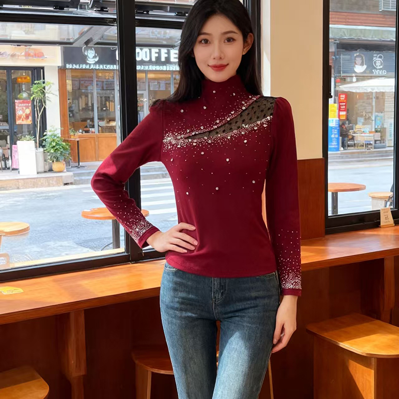 Unique rhinestone slim small shirt spring fashion T-shirt for women