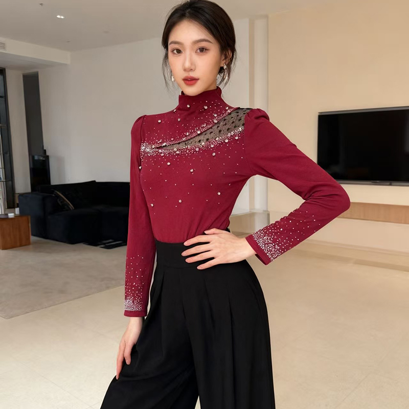 Unique rhinestone slim small shirt spring fashion T-shirt for women