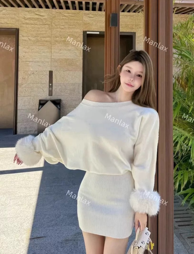 Flat shoulder knitted Korean style dress for women