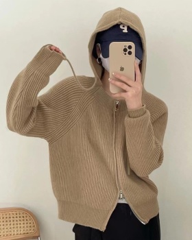 Knitted simple college style coat Korean style hooded cardigan