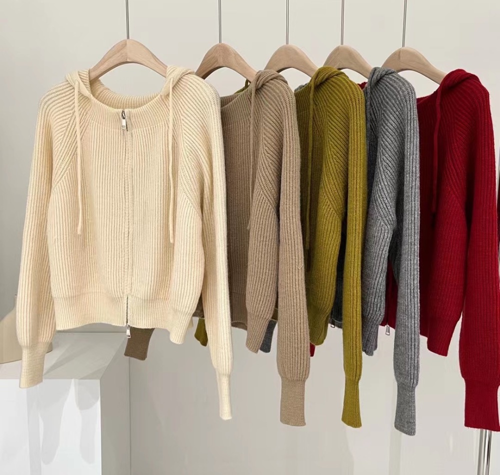 Knitted simple college style coat Korean style hooded cardigan