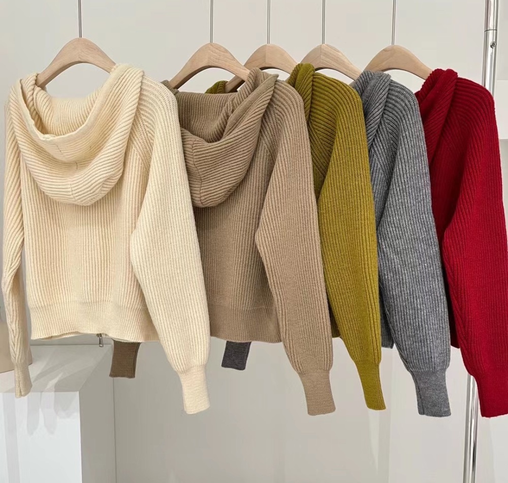 Knitted simple college style coat Korean style hooded cardigan