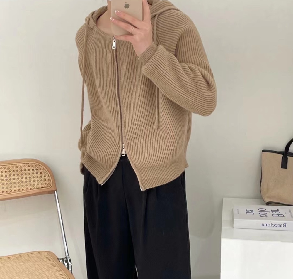 Knitted simple college style coat Korean style hooded cardigan