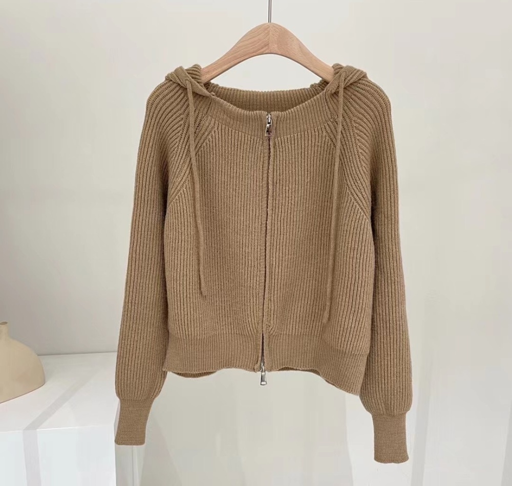 Knitted simple college style coat Korean style hooded cardigan