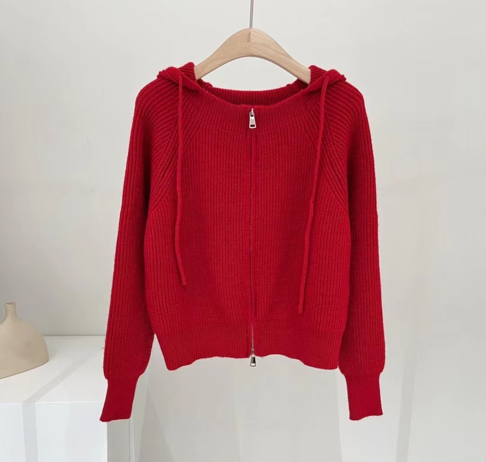 Knitted simple college style coat Korean style hooded cardigan