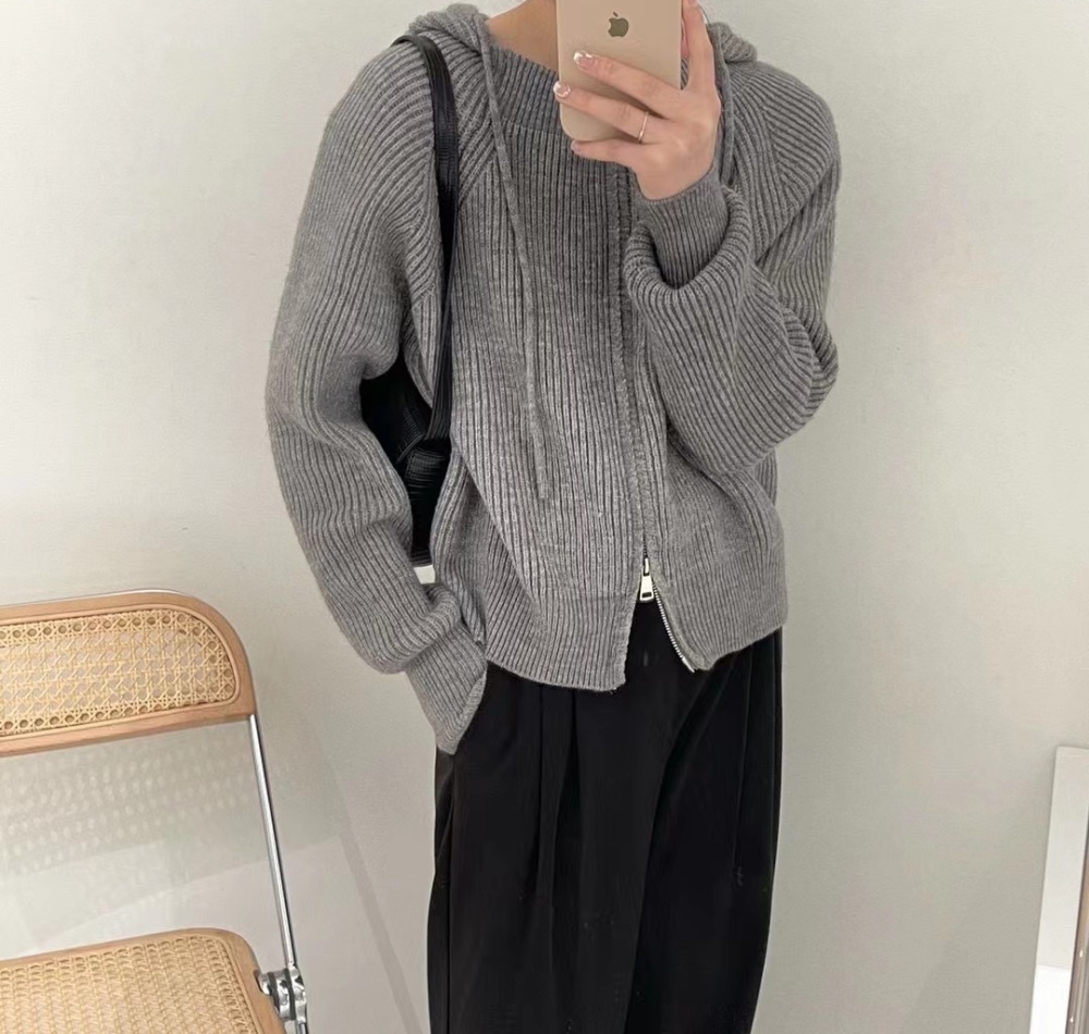 Knitted simple college style coat Korean style hooded cardigan