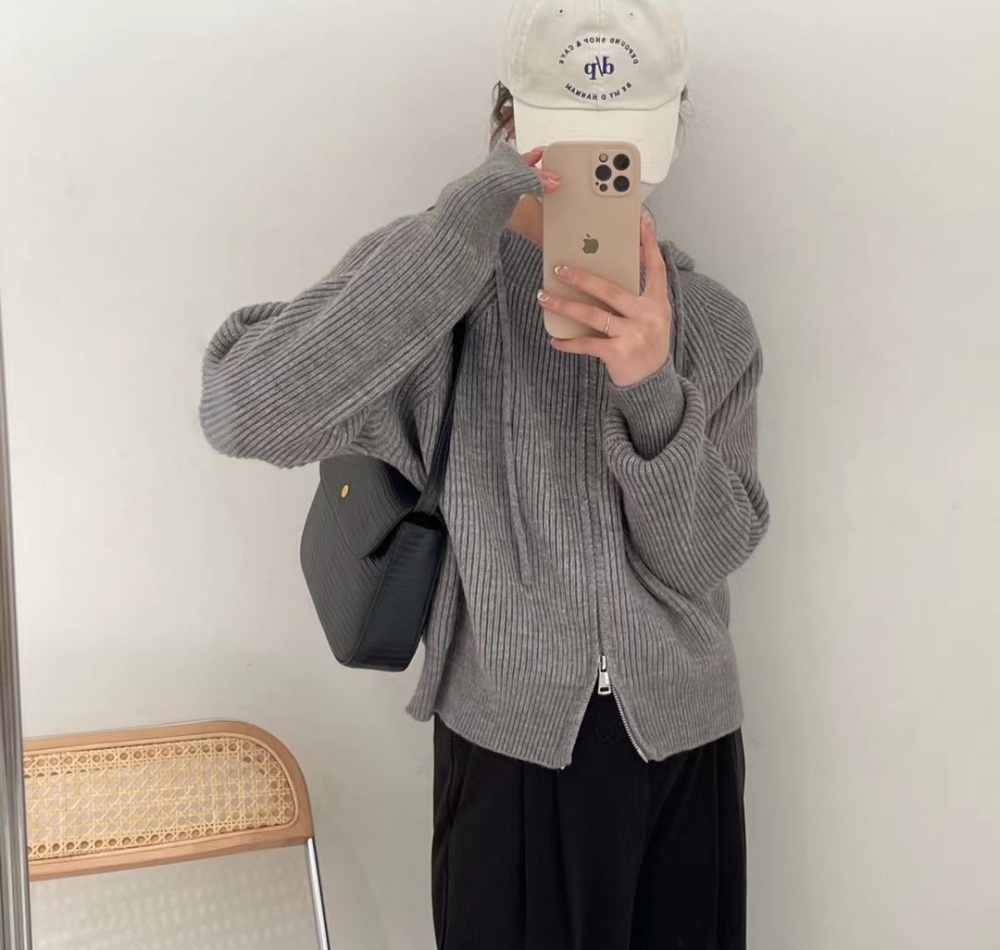 Knitted simple college style coat Korean style hooded cardigan