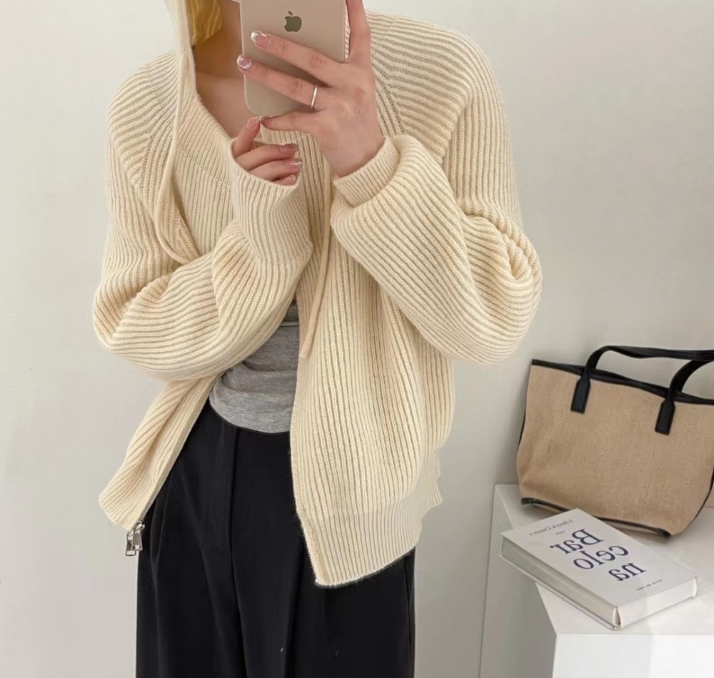 Knitted simple college style coat Korean style hooded cardigan