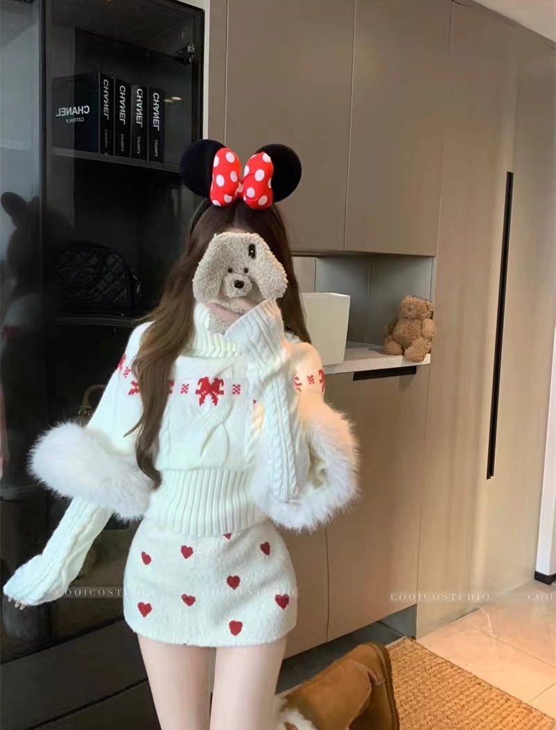 Flat shoulder slim fur collar sweater 2pcs set