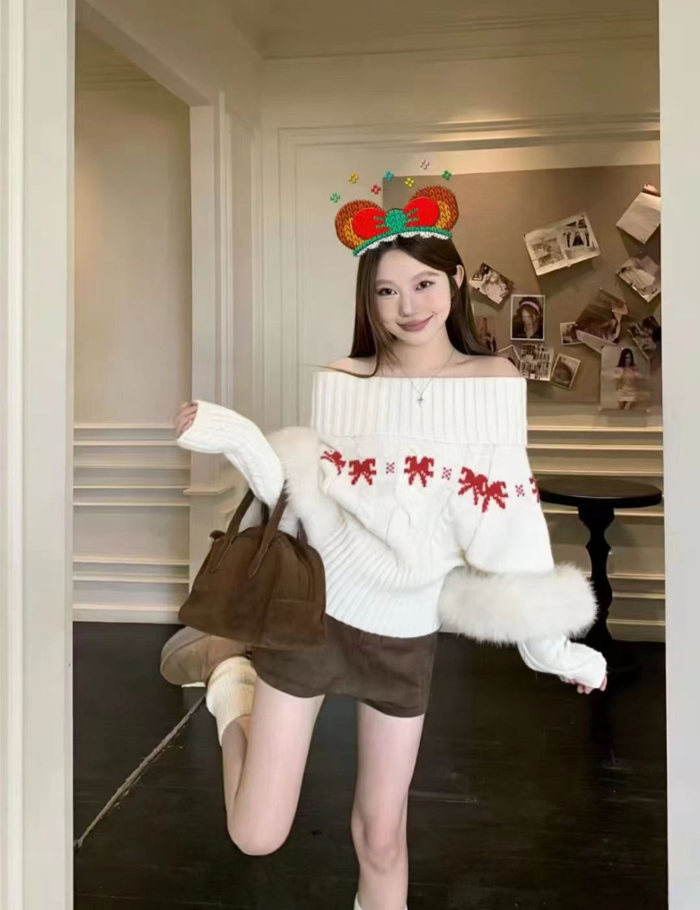 Flat shoulder slim fur collar sweater 2pcs set
