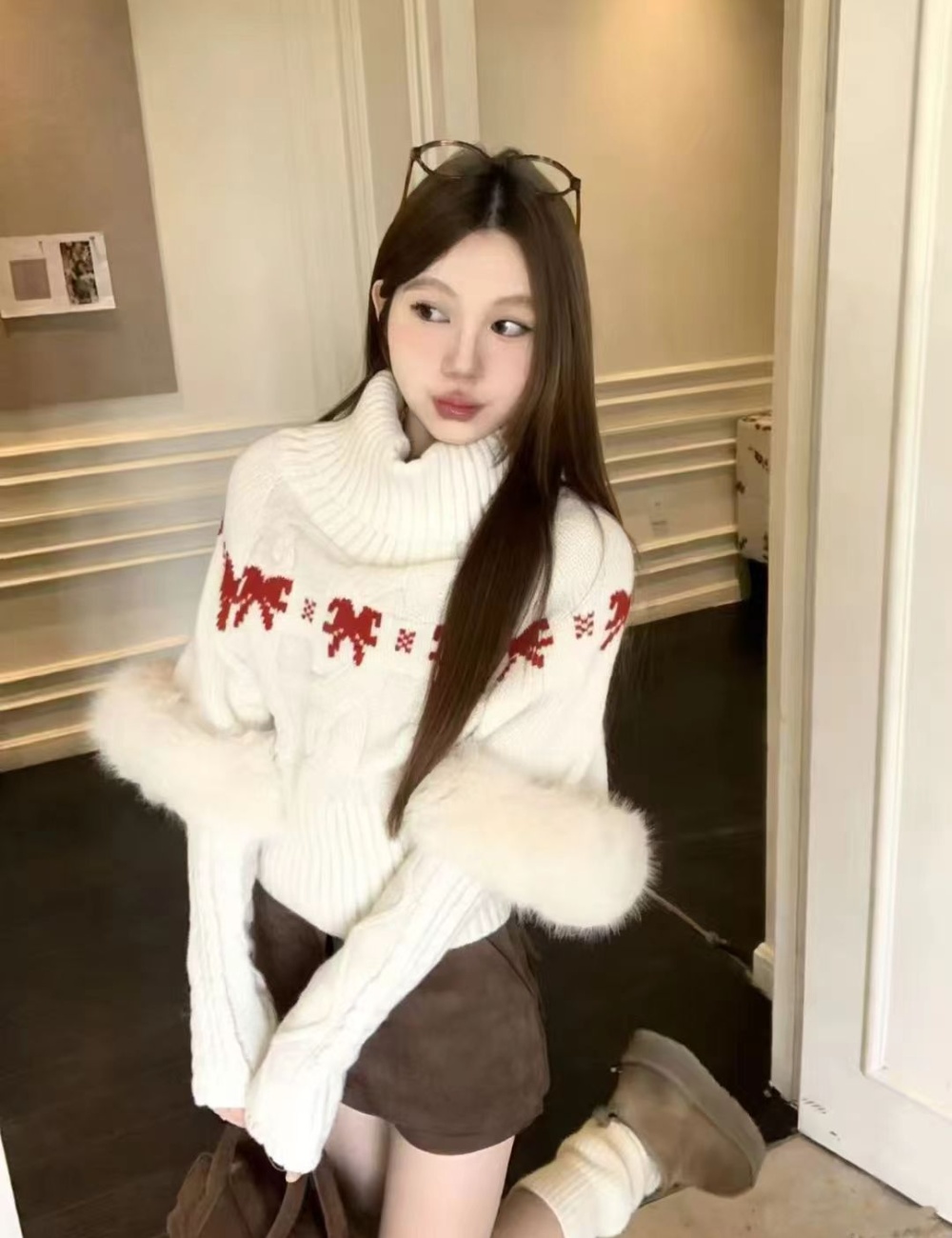 Flat shoulder slim fur collar sweater 2pcs set