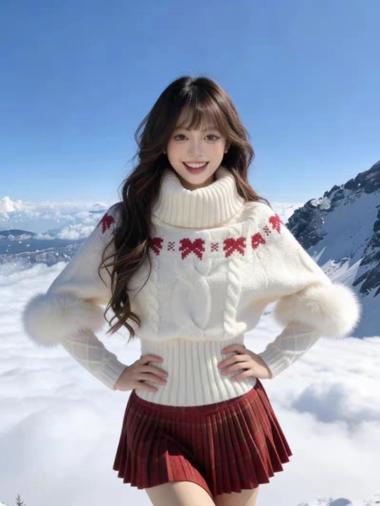 Flat shoulder slim fur collar sweater 2pcs set