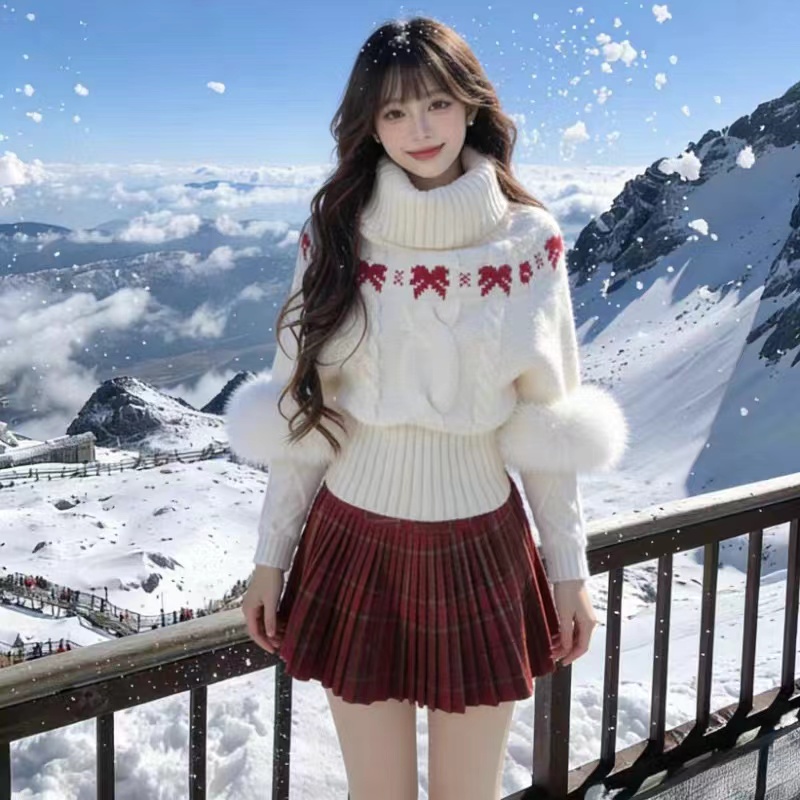 Flat shoulder slim fur collar sweater 2pcs set