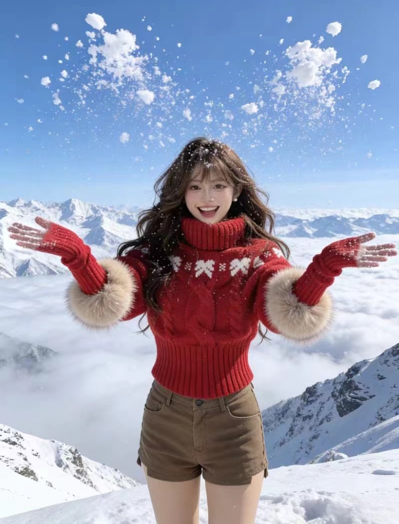 Flat shoulder slim fur collar sweater 2pcs set