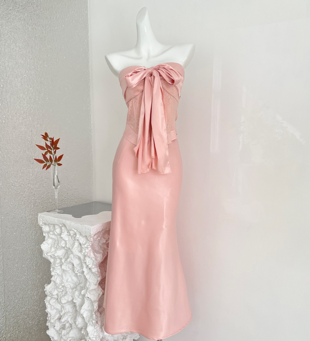 Lace bow high waist mermaid short skirt 2pcs set